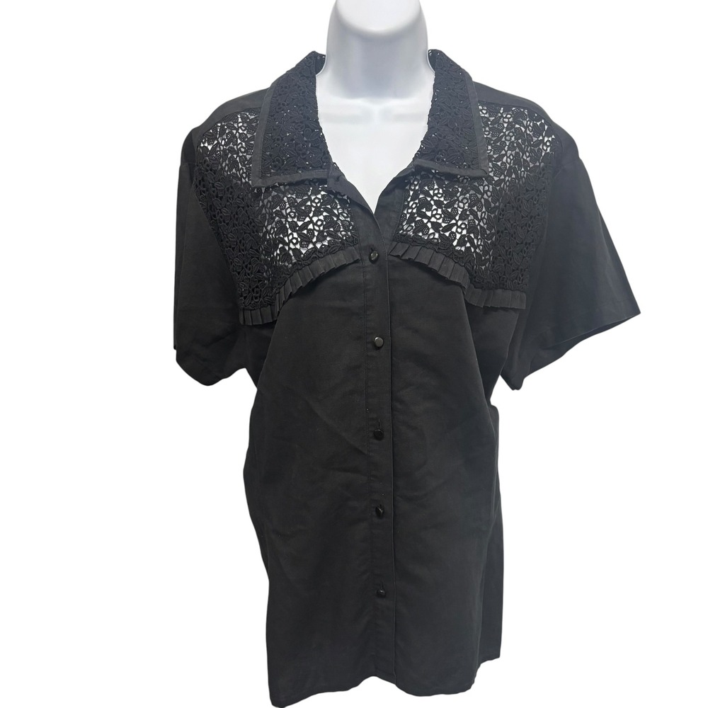 Et Vous Black Linen Cotton Lace Yoke Short Sleeve Button Down Blouse Size 2/XL